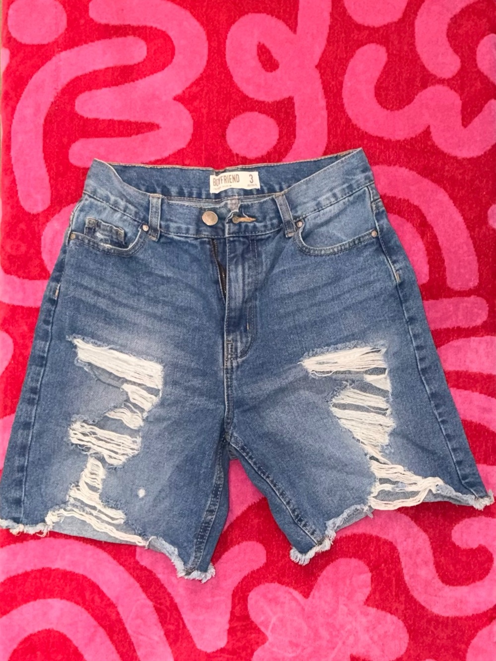 High-Rise Distressed Denim Shorts - Blue